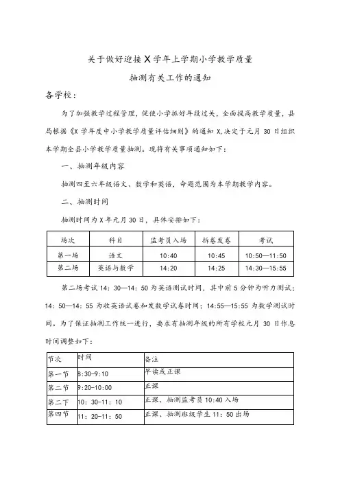 X学校迎接县局教学质量抽测有关工作的实施方案