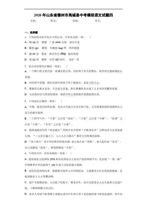 2020年山东省德州市禹城县中考模拟语文试题四