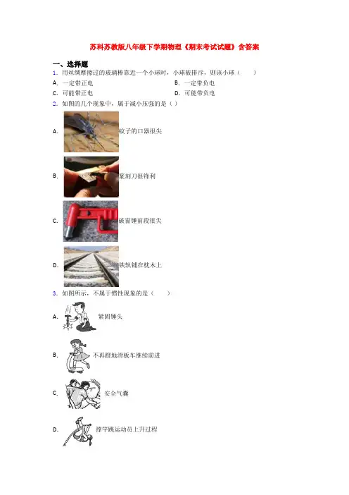 苏科苏教版八年级下学期物理《期末考试试题》含答案