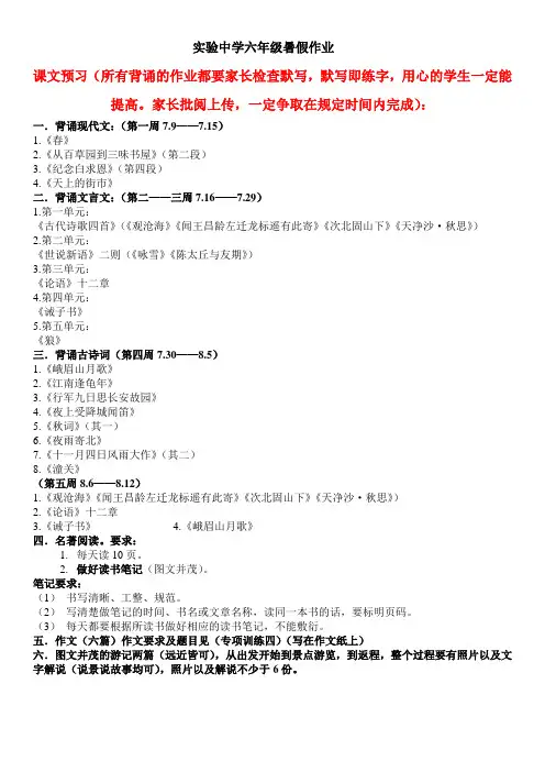 实验中学六年级语文暑假作业
