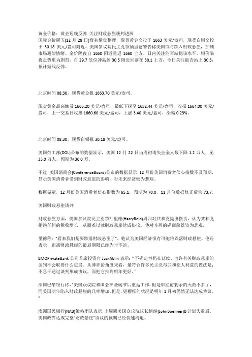 黄金价格：黄金短线反弹 关注财政悬崖谈判进展