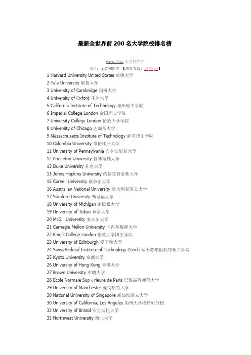 最新全世界前200名大学院校排名榜