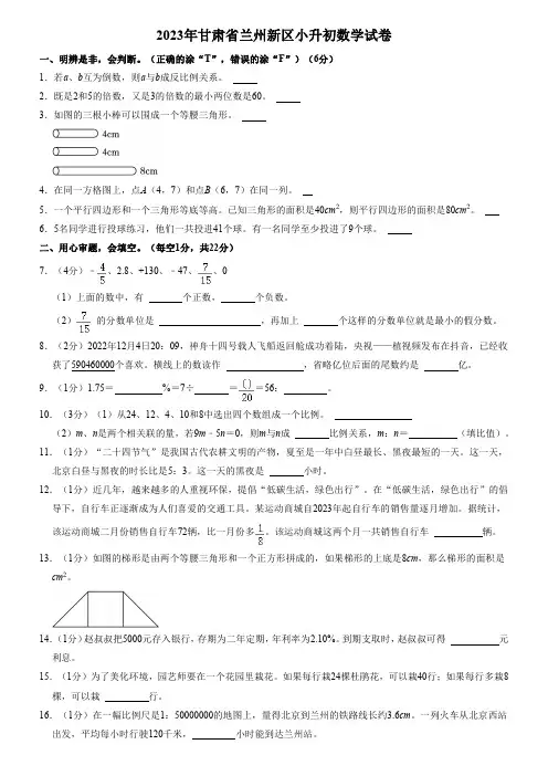 2023年甘肃省兰州市兰州新区小升初数学试卷(含解析)