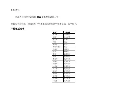 复旦大学2011年推荐免试硕士生复试名单