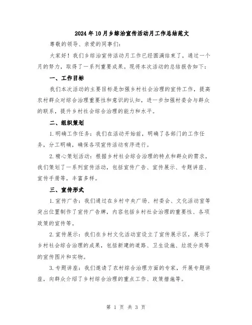 2024年10月乡综治宣传活动月工作总结范文