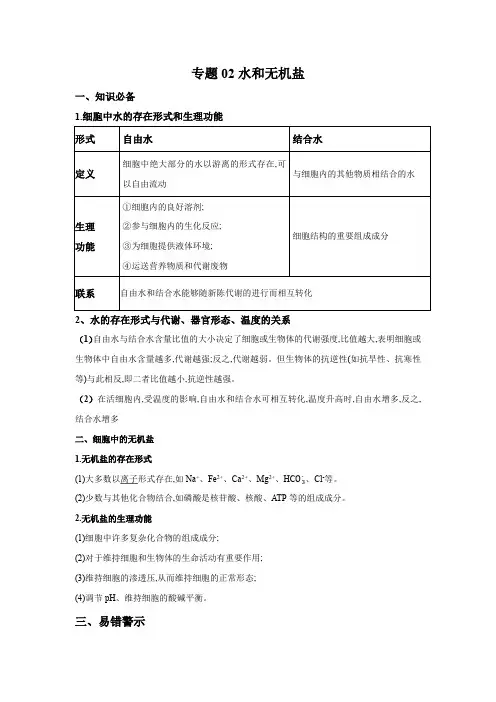 高中生物专题02 水和无机盐(解析版)