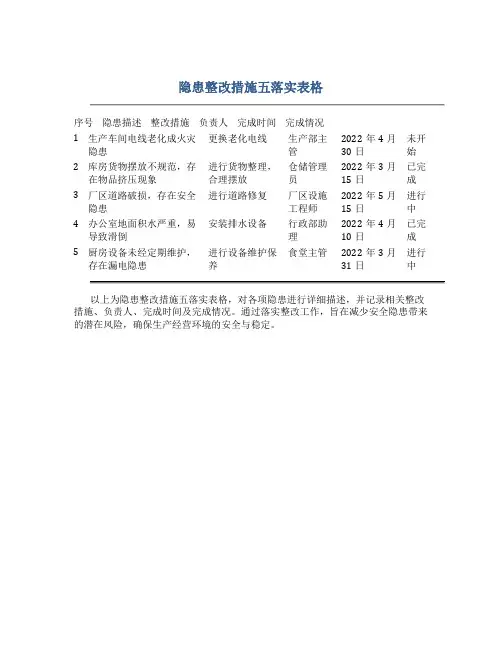 隐患整改措施五落实表格