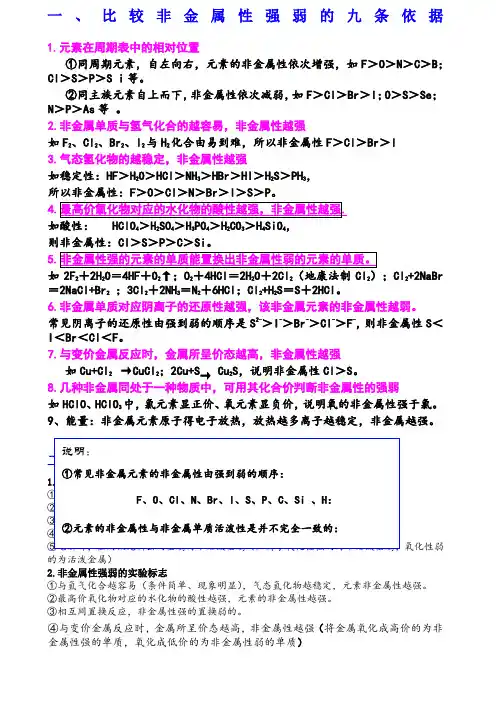 比较非金属性强弱的九条依据