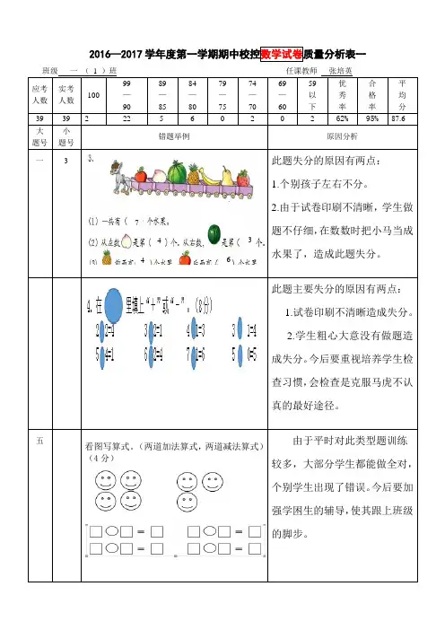 小学一年级期中数学质量分析表