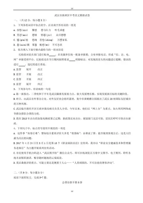 2020届湖北省武汉市新洲区中考语文模拟试卷(加精)