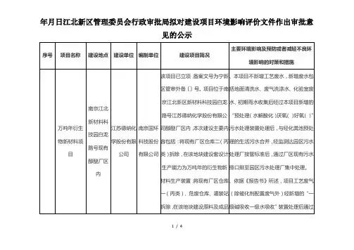 2019年3月11日江北新区管理委员会行政审批局拟对建设项目