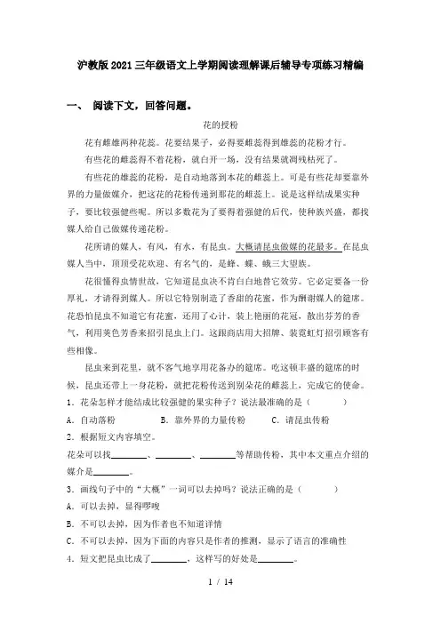 沪教版2021三年级语文上学期阅读理解课后辅导专项练习精编