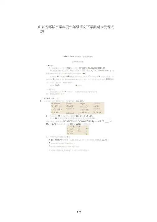 山东省邹城市2018_2019学年度七年级语文下学期期末统考试题(扫描版