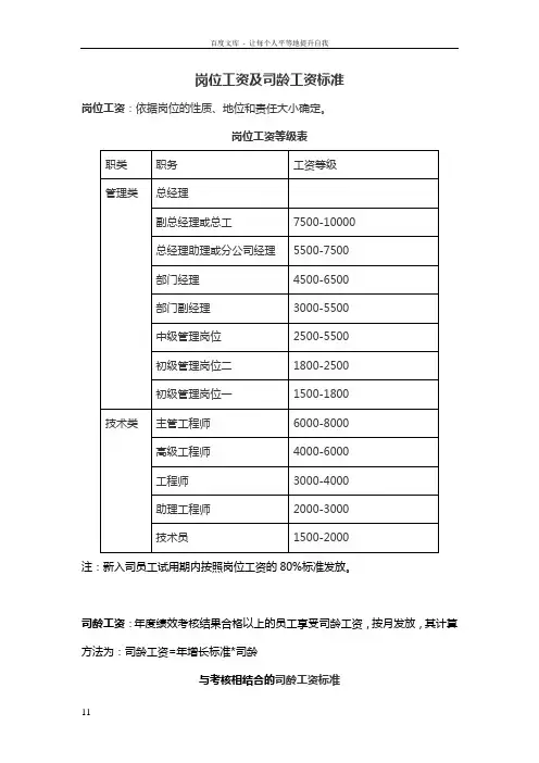 岗位工资及司龄工资标准