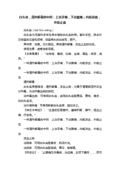 白头翁，清热解毒的中药：上治牙痛，下治腹痛；内能凉血，外能止血