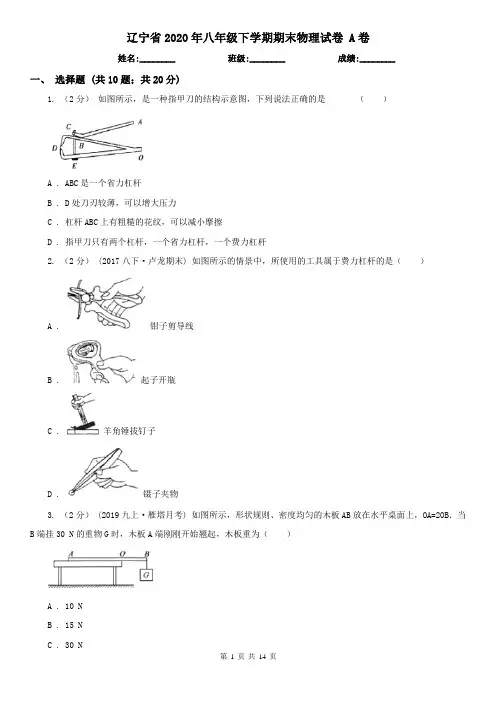 辽宁省2020年八年级下学期期末物理试卷 A卷