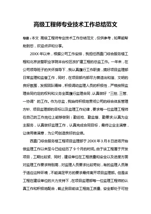 高级工程师专业技术工作总结范文