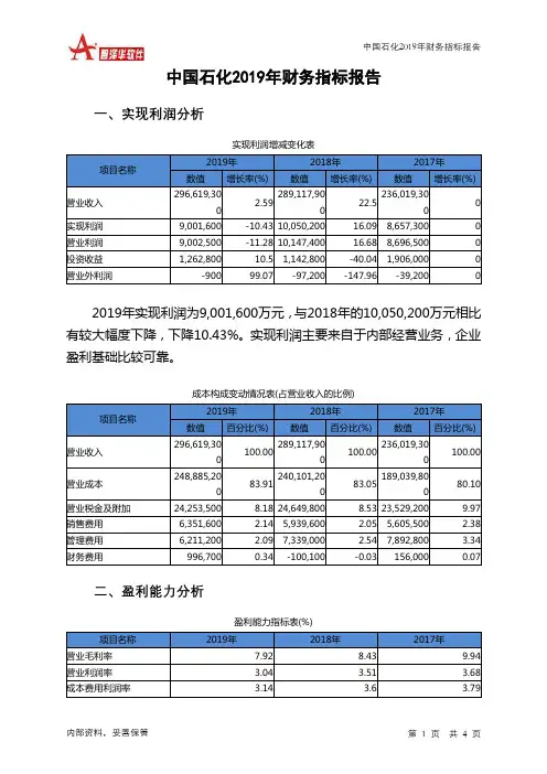 中国石化2019年财务指标报告
