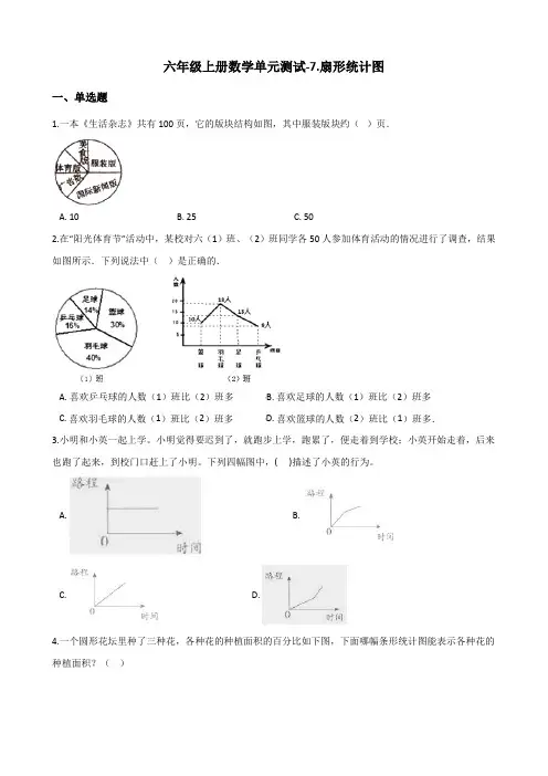 六年级上册数学单元测试-7.扇形统计图 冀教版(2014秋)(含解析)