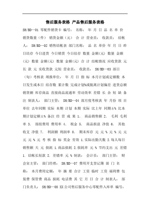 售后服务表格 产品售后服务表格