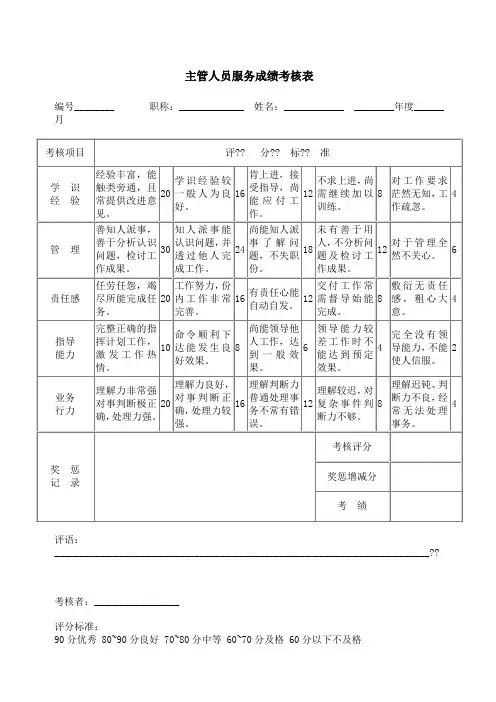 主管人员服务成绩考核表