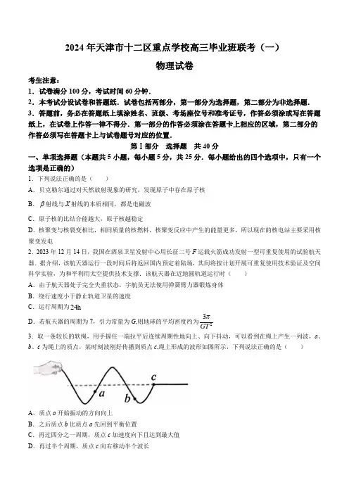 天津市十二区县重点校2024届高三下学期第一次模拟考试 物理 Word版含答案