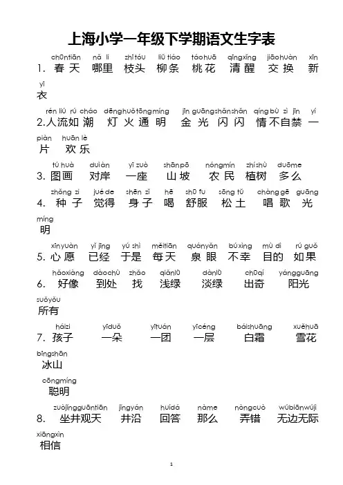 一年级下学期语文生字表(带拼音)(上海)