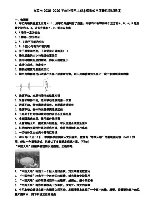 宜宾市2019-2020学年物理八上期末模拟教学质量检测试题(1)