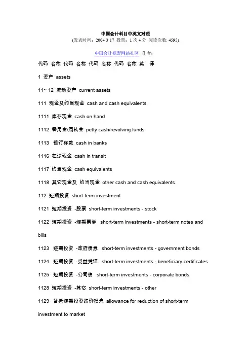 中国会计科目中英文对照