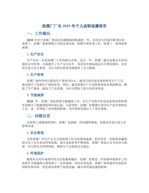洗煤厂厂长2023年个人述职述廉报告