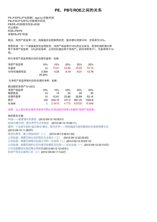 PE、PB与ROE之间的关系