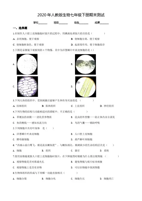 [人教版]七年级下册生物《期末测试卷》(含答案)