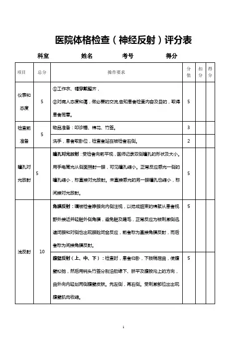 医院体格检查(神经反射)评分表doc