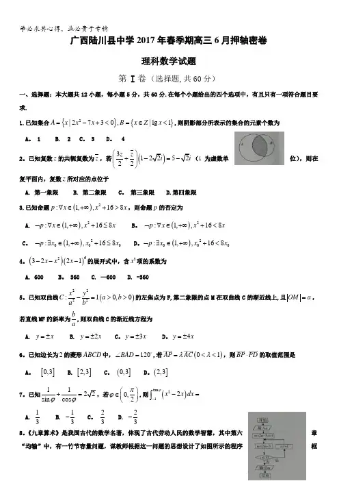 广西陆川县中学2017届高三6月理科数学押轴试题含答案