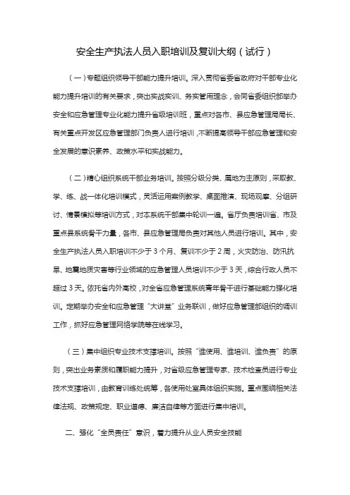 安全生产执法人员入职培训及复训大纲（试行）