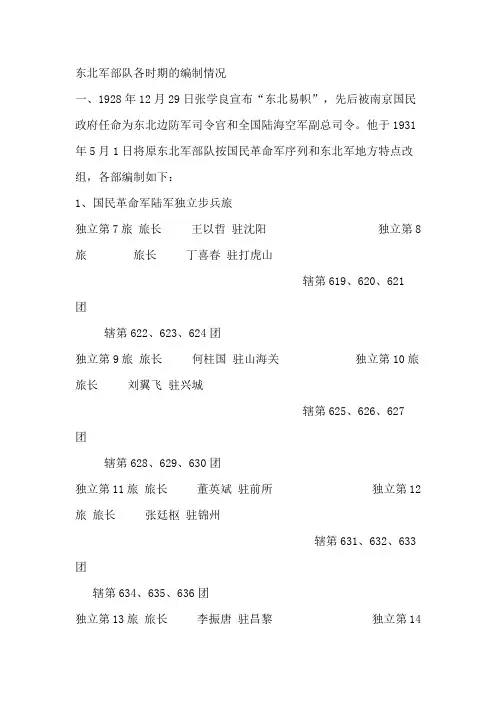 东北军部队各时期的编制情况