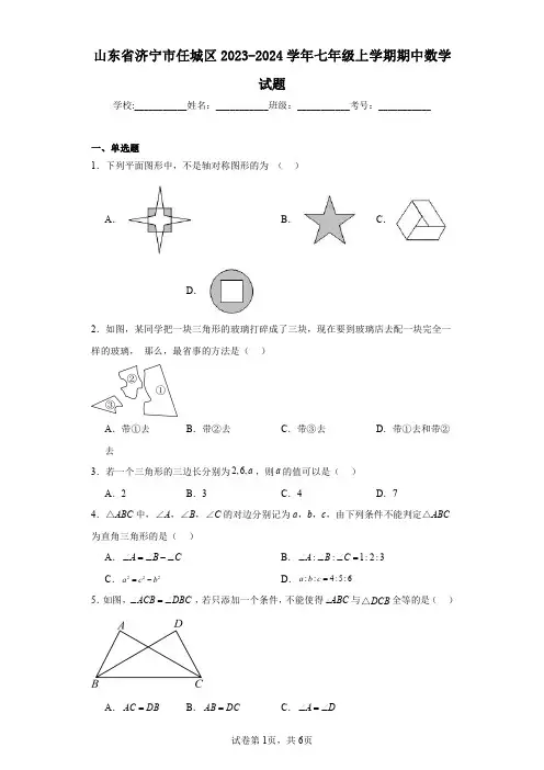 山东省济宁市任城区2023-2024学年七年级上学期期中数学试题