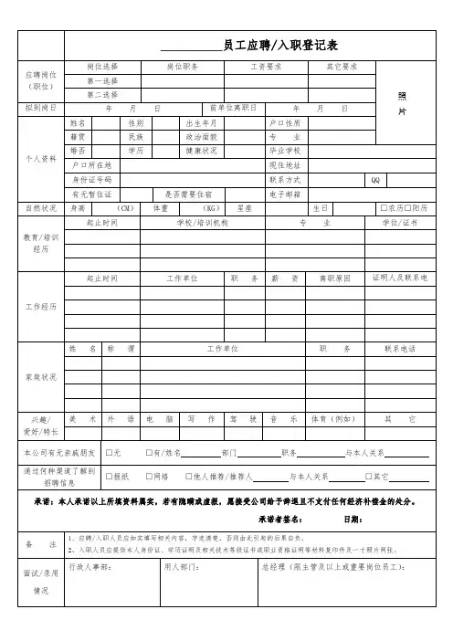 保洁人员应聘入职登记表(范本)