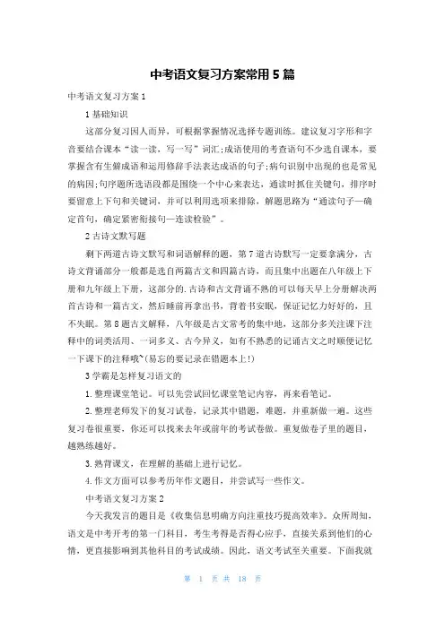 中考语文复习方案常用5篇