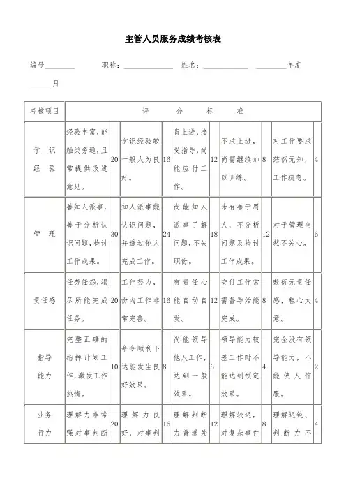 主管人员服务成绩考核