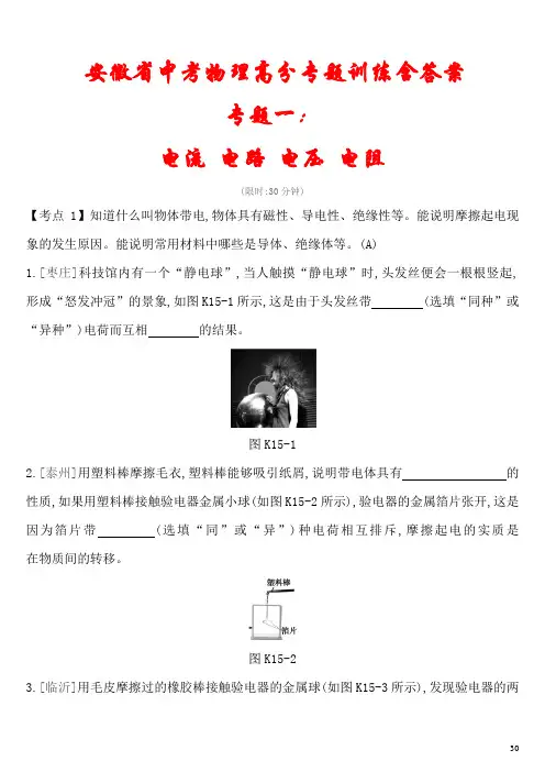 安徽省2021中考物理《电流电路电压电阻及欧姆定律》专题训练(含答案)