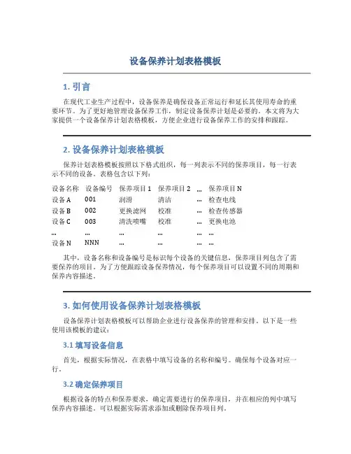 设备保养计划表格模板