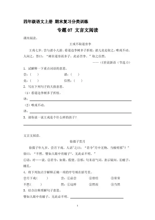 14、专题07文言文阅读(原卷+答案)四年级语文上册期末复习分类训练  统编版