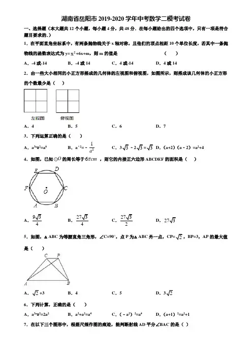 【附5套中考模拟试卷】湖南省岳阳市2019-2020学年中考数学二模考试卷含解析