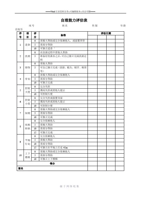 新自理能力评估表(参照ADL量表)