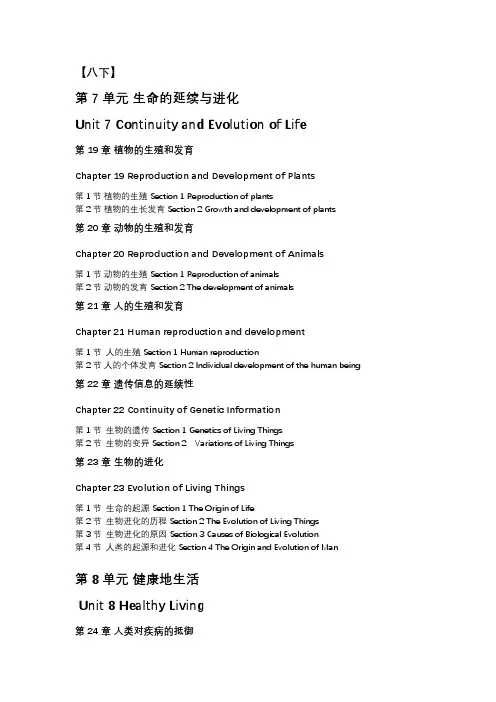 苏科版八年级生物教材下册双语目录(中英文对照)