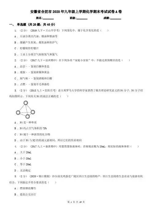 安徽省合肥市2020年九年级上学期化学期末考试试卷A卷 2