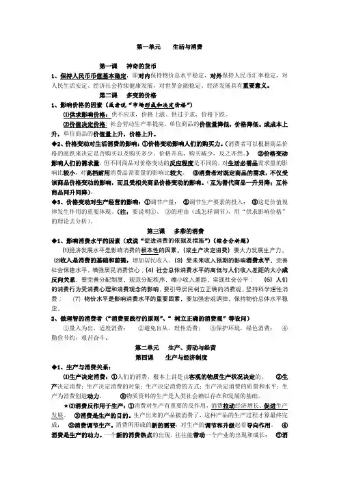 高一《经济生活》主观题必背知识点归纳