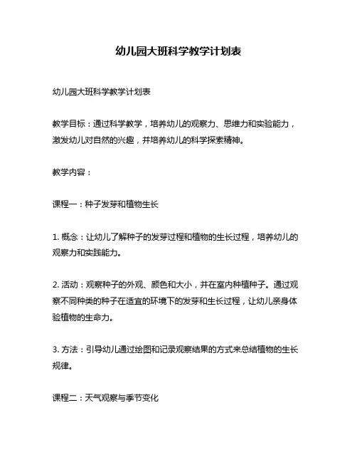 幼儿园大班科学教学计划表