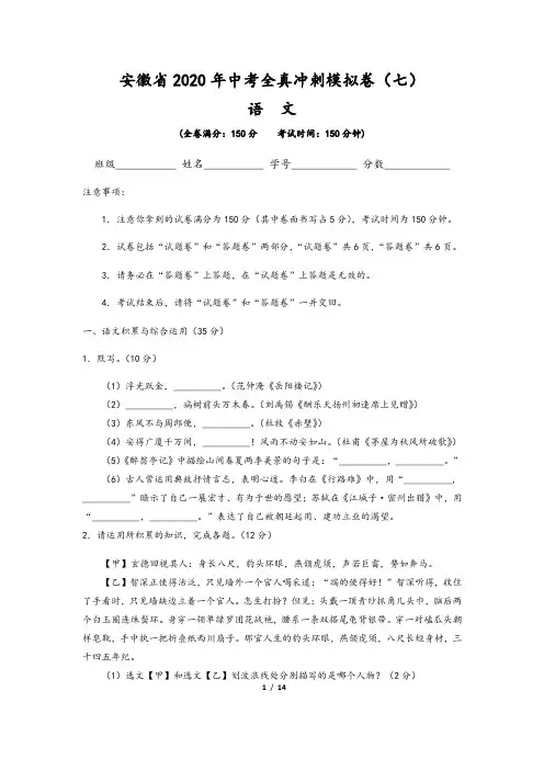 安徽省2020年中考语文全真冲刺模拟卷(七)含解析版答案